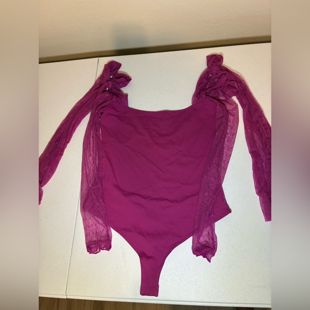 Free People Magenta Bodysuit with Sheer Sleeves